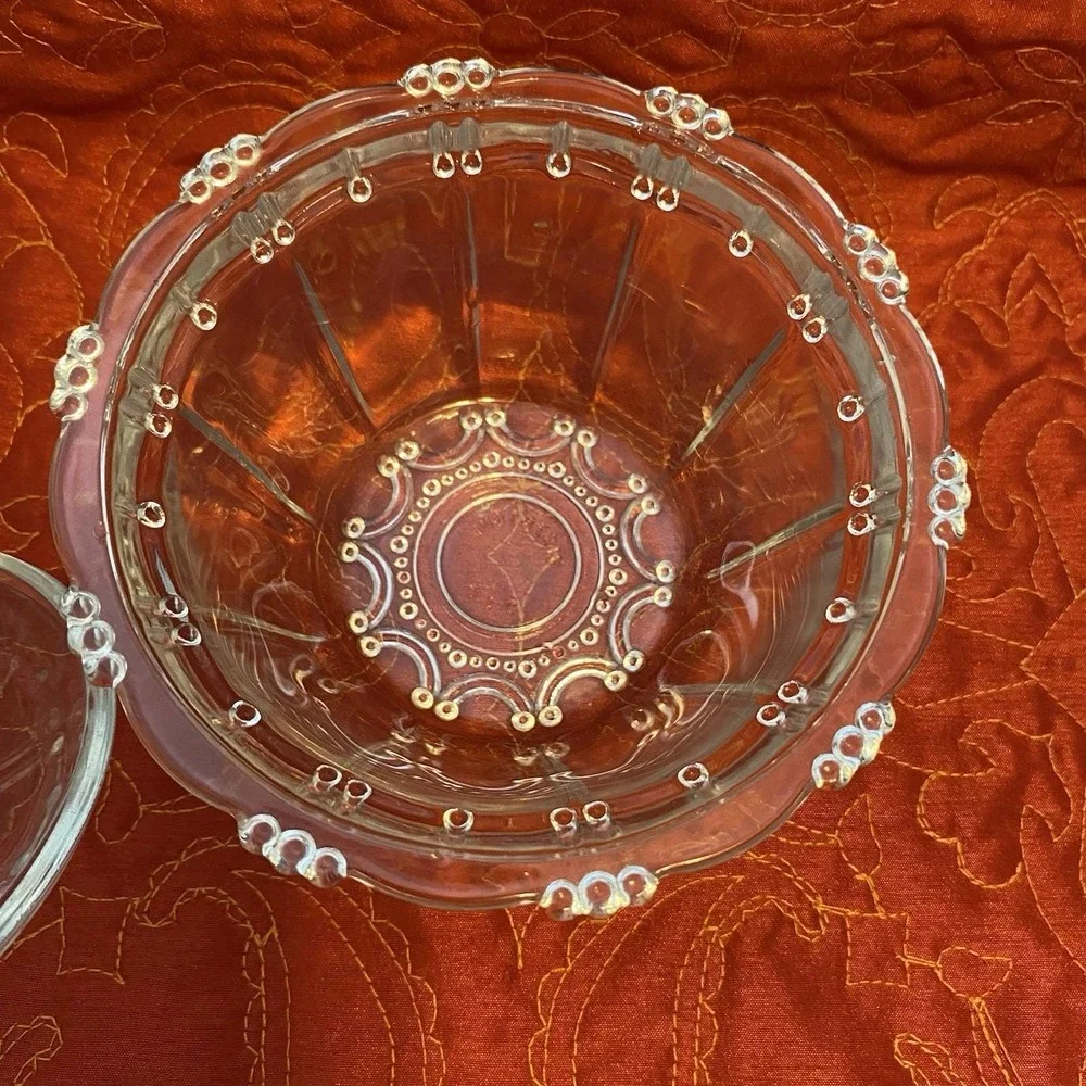Vintage KIG Indonesia Candy‎ Dish Beaded Clear Pattern Glass 3x5 Round Fancy Lid